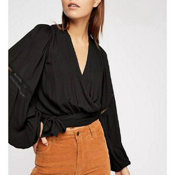 NWOT Free People Black Dream Girl Wrap Top Long Sleeve Size Small - Picture 1 of 7